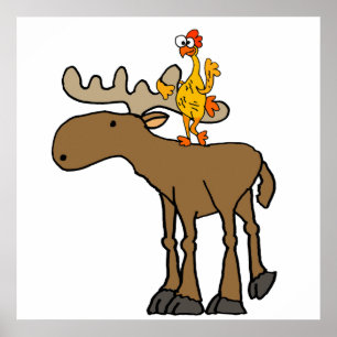 Funny Rubber Chicken Riding Moose Cartoon Poster