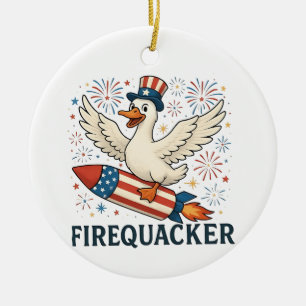 Funny Rubber Duck USA Patriotic Firequacker 4th Ceramic Tree Decoration