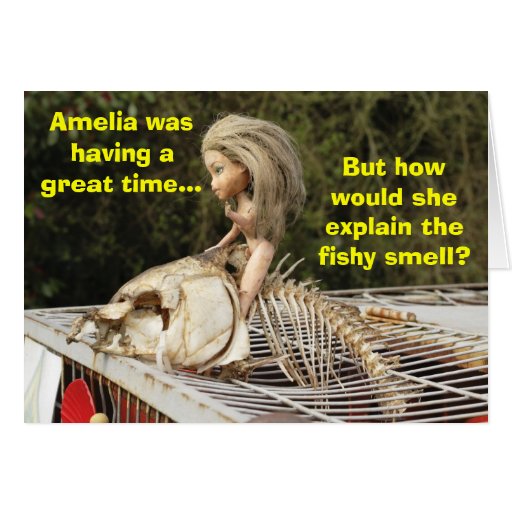 Image of Funny & Rude Doll Riding A Dead Carp Fish, Card.