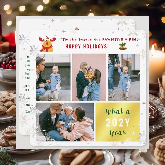 Funny Rudolph 4 Photos Collage Happy Holidays Cute Holiday Card (Cute Funny Elegant Rudolph 'Tis the Season Pawsitive Vibes Happy Holidays 4 Photos Snowflakes Letter)