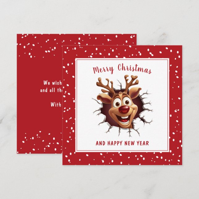 Funny Rudolph breaking through Card Red Christmas (Front/Back)