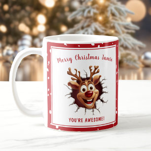 Funny Rudolph breaking through Red Name Christmas Coffee Mug