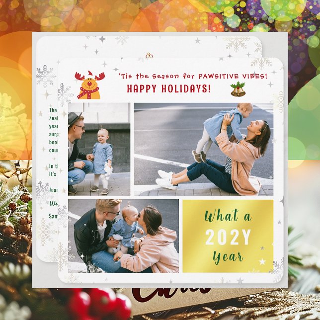 Funny Rudolph Cute Happy Holidays Elegant 3 Photo Holiday Card (Cute Funny Rudolph Pawsitive Vibes Happy Holidays 'Tis the Season 3 Photos Golden What a Year Letter)