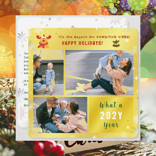 Funny Rudolph Cute Happy Holidays Golden 3 Photo Holiday Card