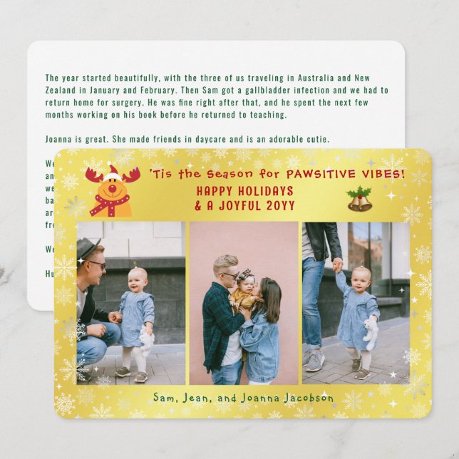 Funny Rudolph Minimalist Elegant 3 Photos Golden Holiday Card (Front/Back)