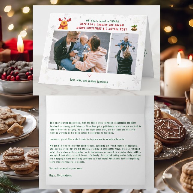 Funny Rudolph Oh Deer Merry Christmas Photos Cute Card (Cute Funny Elegant Oh Deer What a Year Rudolph Snow Merry Christmas Joyful New Year 2 Photos Letter)