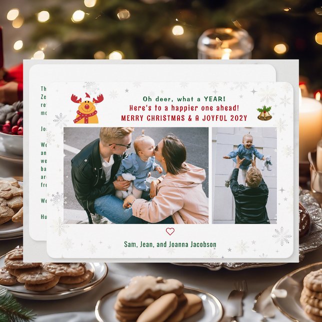 Funny Rudolph Oh Deer Merry Christmas Photos Cute Holiday Card (Cute Funny Modern Oh Deer What a Year Rudolph Snow Merry Christmas Joyful New Year 2 Photos Letter)