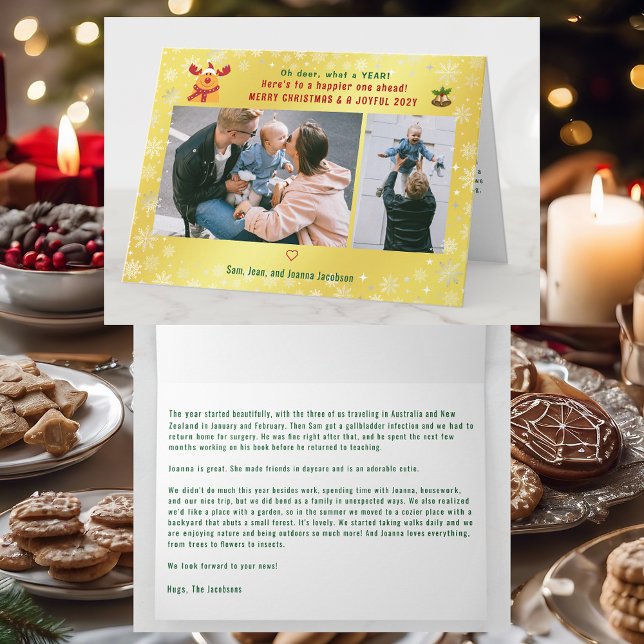 Funny Rudolph Oh Deer Merry Xmas 2 Photos Golden  Card (Cute Funny Modern Oh Deer What a Year Rudolph Snow Merry Xmas Joyful New Year 2 Photos Letter Golden)