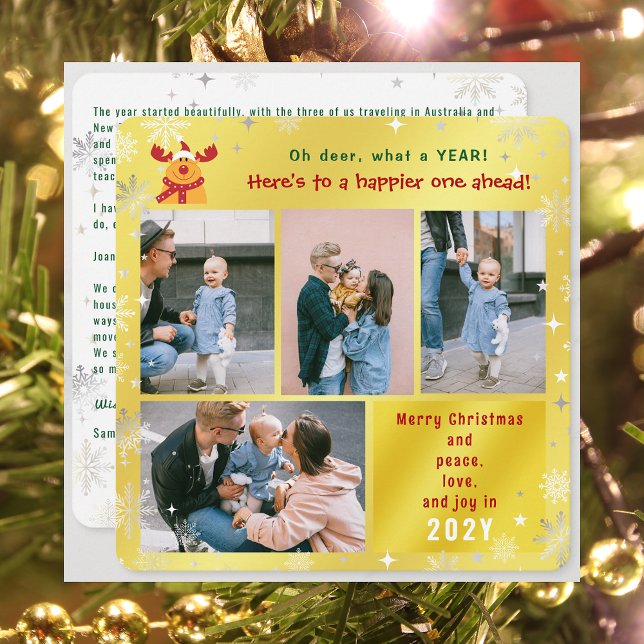 Funny Rudolph Oh Deer Peace Love Joy Golden Photo Holiday Card (Funny Cute Rudolph Oh Deer What a Year Merry Christmas Happy New Year 4 Photos Letter Elegant Golden)