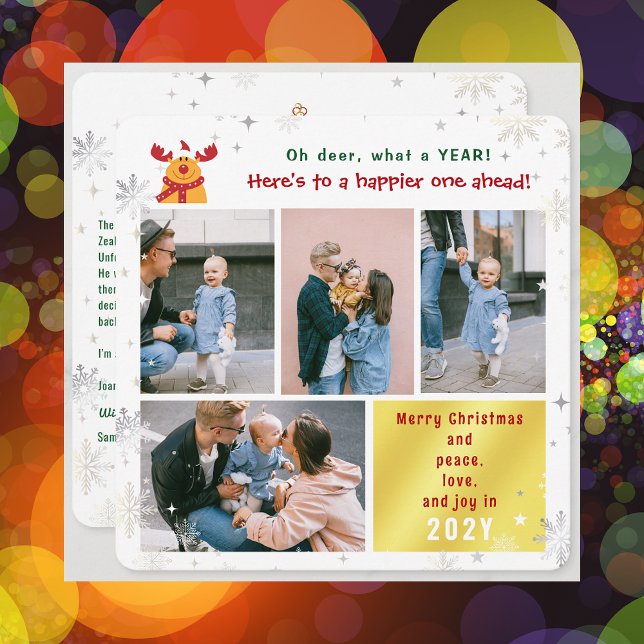 Funny Rudolph Oh Deer Peace Love Joy Modern Photo Holiday Card (Funny Cute Rudolph Oh Deer What a Year Merry Christmas Happy New Year 4 Photos Letter Elegant Modern)
