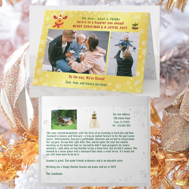 Funny Rudolph Oh Deer We've Moved 3 Photos Golden Card (Funny Rudolph Oh deer what a year Christmas card. 3 Photos. We've Moved. Elegant, golden. Cute Snow
)