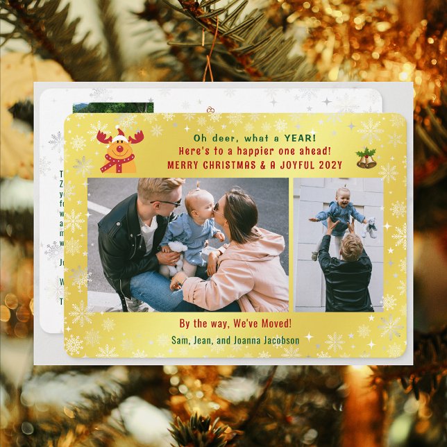 Funny Rudolph Oh Deer We've Moved 3 Photos Golden Holiday Card (Funny Rudolph Oh Deer What a Year Christmas New Year We've Moved 3 Photos Elegant Golden Cute Letter)
