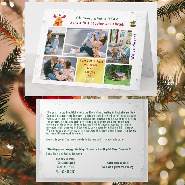 Funny Rudolph Oh Deer We've Moved 5 Photos Modern  Card (Modern, elegant, funny Rudolph Xmas We've Moved Announcement. 5 Photos. Peace, Love, Joy. Snowflakes)