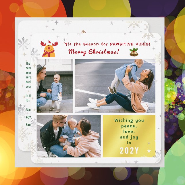 Funny Rudolph Peace Love Joy Cute Elegant 3 Photos Holiday Card (Elegant Cute Funny Pawsitive Vibes Rudolph Happy Holidays 3 Photos Peace Love Joy Snowflakes Letter)