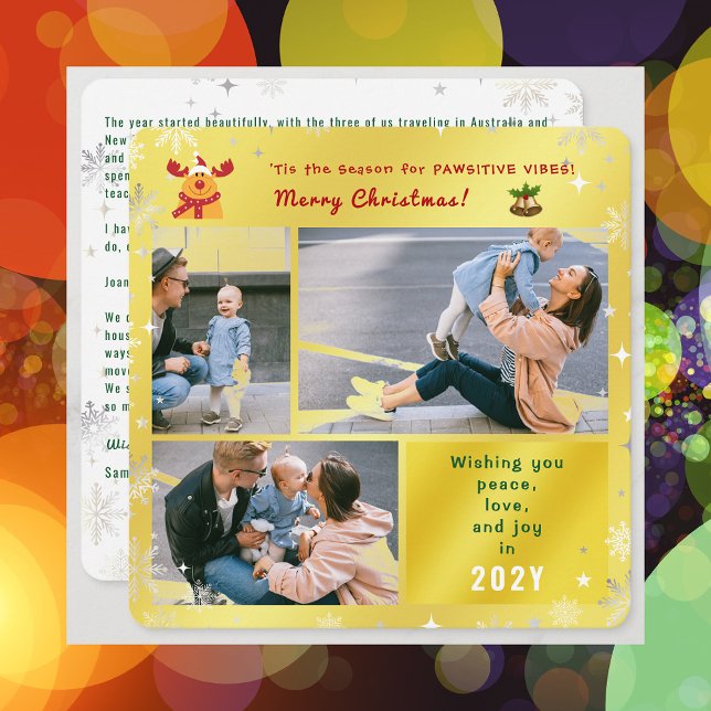 Funny Rudolph Peace Love Joy Elegant Golden Photo Holiday Card (Elegant Golden Funny Pawsitive Vibes Rudolph Christmas Card 3 Photos Peace Love Joy Snowflakes Stars)