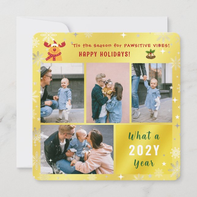 Funny Rudolph Photo Collage Happy Holidays Golden Holiday Card (Front)
