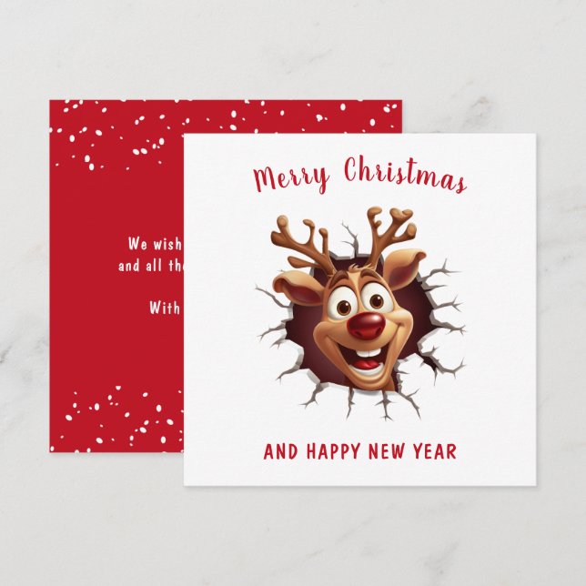 Funny Rudolph Reindeer breaking through Christmas Card (Front/Back)
