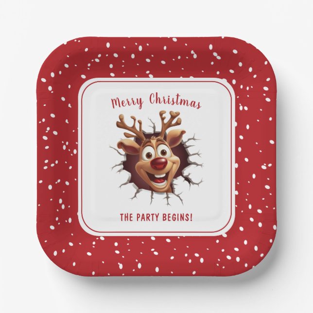 Funny Rudolph The Reindeer Christmas Party Square Paper Plate (Front)