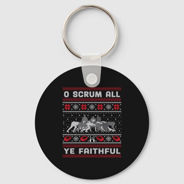 Funny Rugby O Scrum All Ye Faithful Ugly Merry Chr Key Ring (Front)