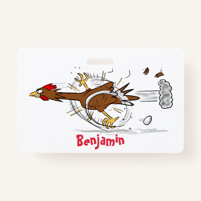 Funny running cool chicken cartoon illustration ID badge (Front)
