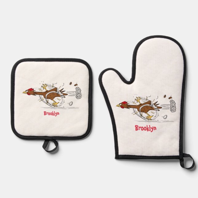 Funny running cool chicken cartoon illustration oven mitt & pot holder set (Front)