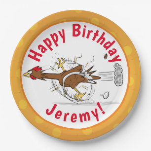 Funny running cool chicken cartoon illustration paper plate