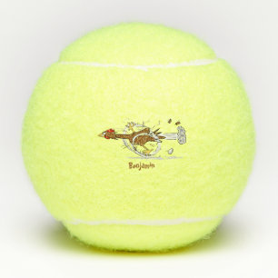 Funny running cool chicken cartoon illustration tennis balls