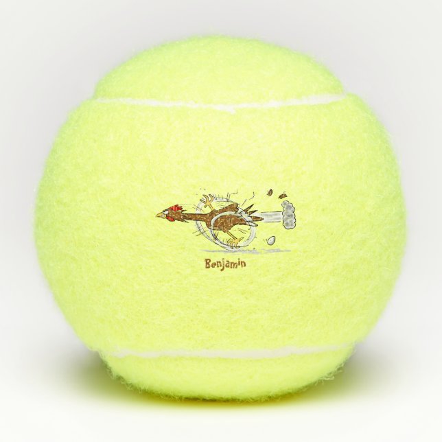 Funny running cool chicken cartoon illustration tennis balls (Front)