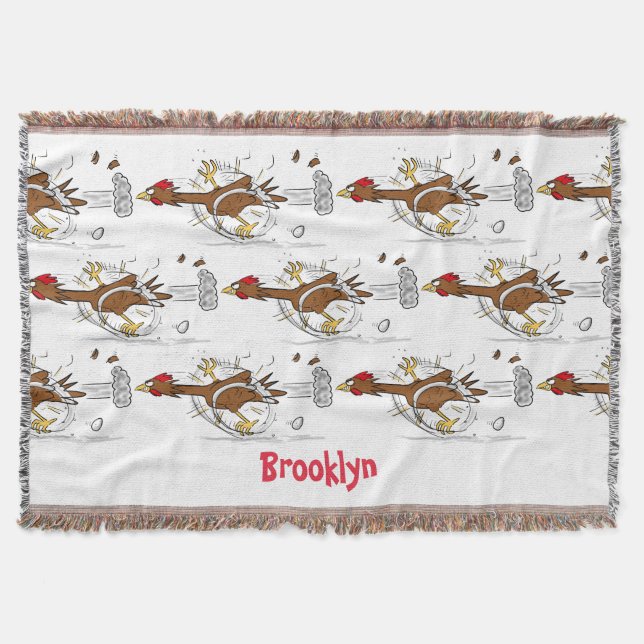 Funny running cool chicken cartoon illustration throw blanket (Front)