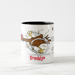 Funny running cool chicken cartoon illustration Two-Tone coffee mug