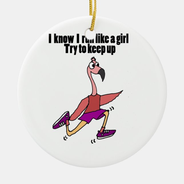 Funny Running Flamingo Ceramic Tree Decoration (Front)