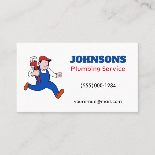 Funny Running Plumber Contractor Plumbing Service Business Card (Front)