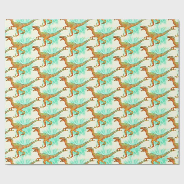 Funny Running Velociraptor Jurassic Dinosaur Art Wrapping Paper (Flat)
