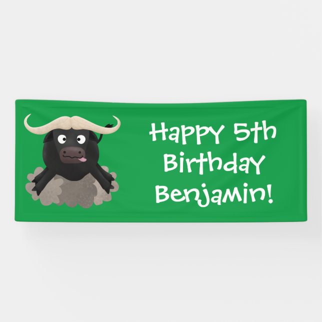 Funny running water buffalo cartoon banner (Horizontal)