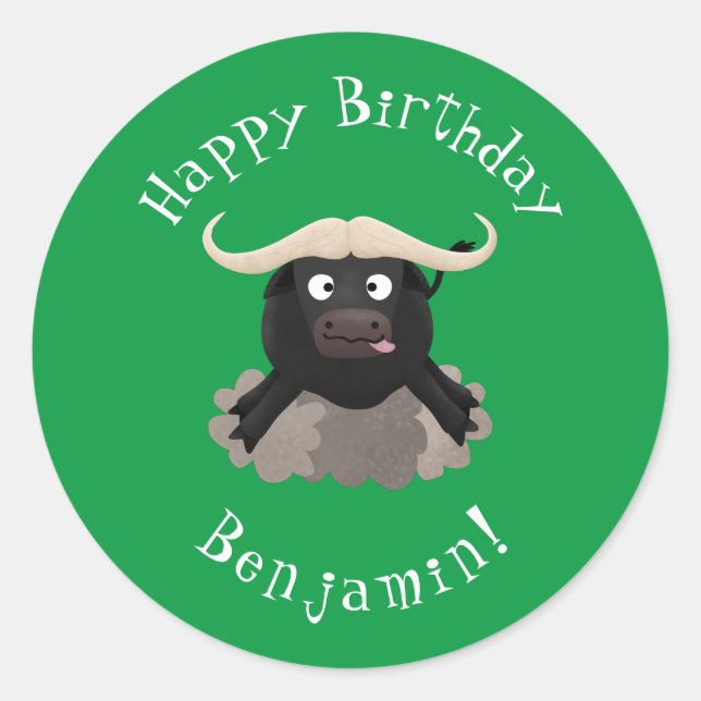 Funny running water buffalo cartoon classic round sticker (Front)