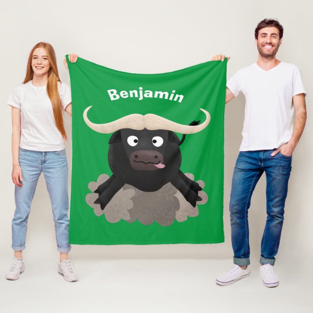 Funny running water buffalo cartoon fleece blanket (In Situ)