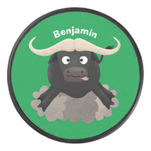 Funny running water buffalo cartoon hockey puck