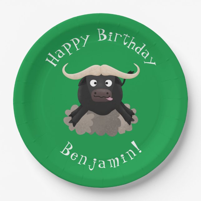 Funny running water buffalo cartoon paper plate (Front)