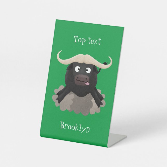 Funny running water buffalo cartoon pedestal sign (Front)