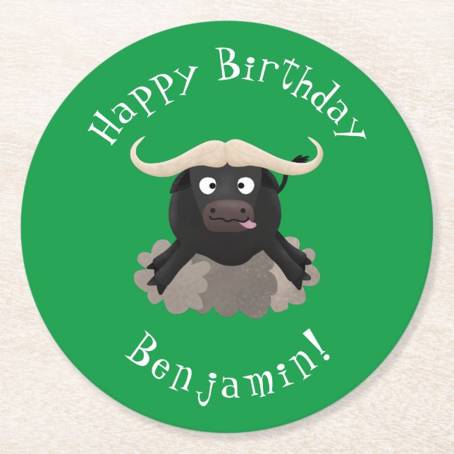 Funny running water buffalo cartoon round paper coaster (Front)