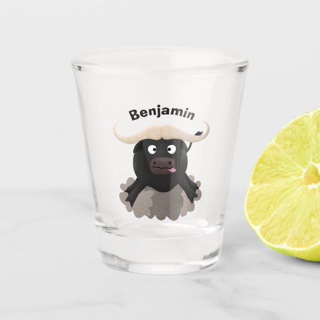 Funny running water buffalo cartoon  shot glass (Front)