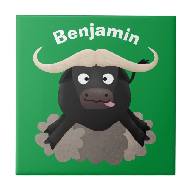 Funny running water buffalo cartoon tile (Front)