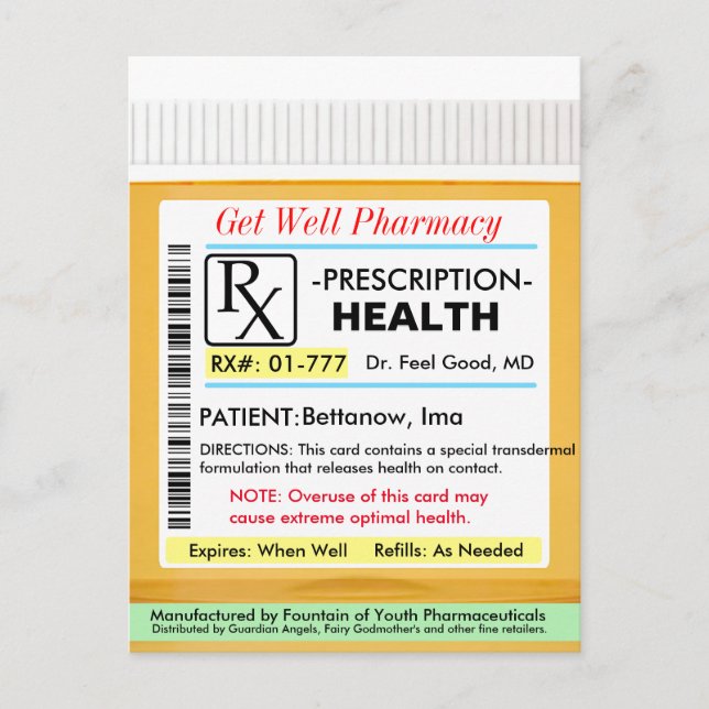 Funny RX Prescription for Health Postcard (Front)
