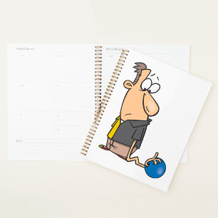 Funny Sad Bowler Character with Bowling Ball Planner