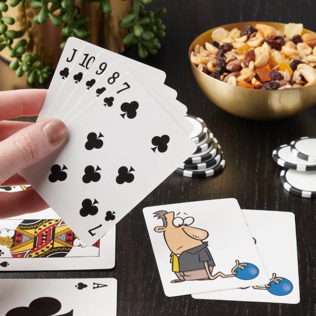 Funny Sad Bowler Character with Bowling Ball Playing Cards (In Situ)