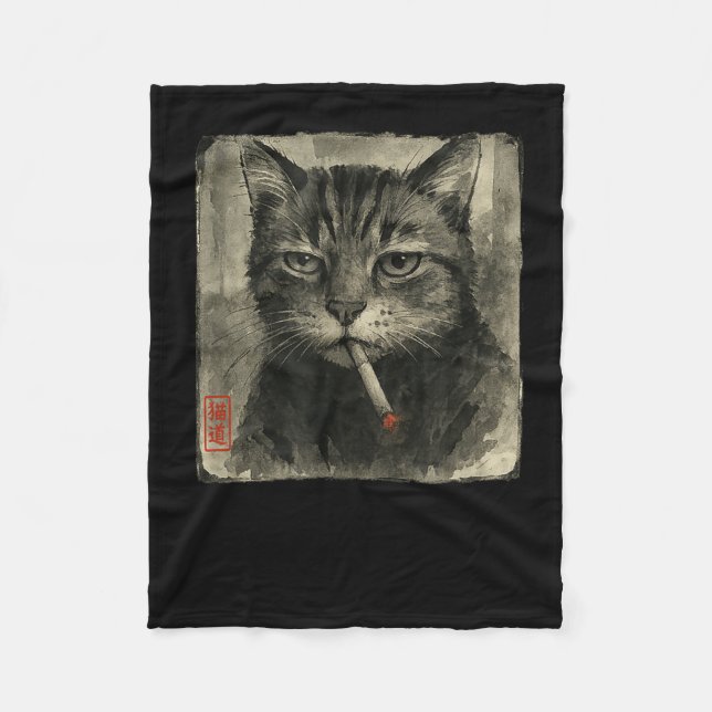 Funny Sad Cat Smoking Cigarette Meme Lover Sumi-e  Fleece Blanket (Front)