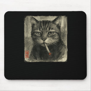 Funny Sad Cat Smoking Cigarette Meme Lover Sumi-e  Mouse Mat