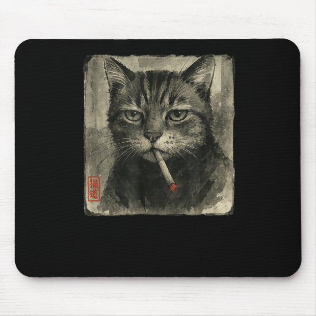 Funny Sad Cat Smoking Cigarette Meme Lover Sumi-e  Mouse Mat (Front)