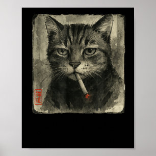 Funny Sad Cat Smoking Cigarette Meme Lover Sumi-e  Poster