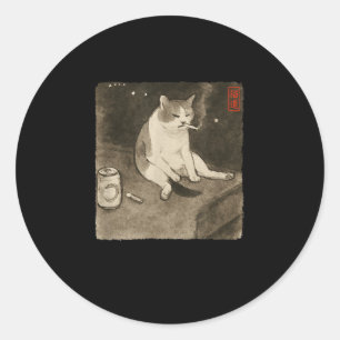 Funny Sad Cat Smoking Meme Sumi-e Japanese Art Kit Classic Round Sticker